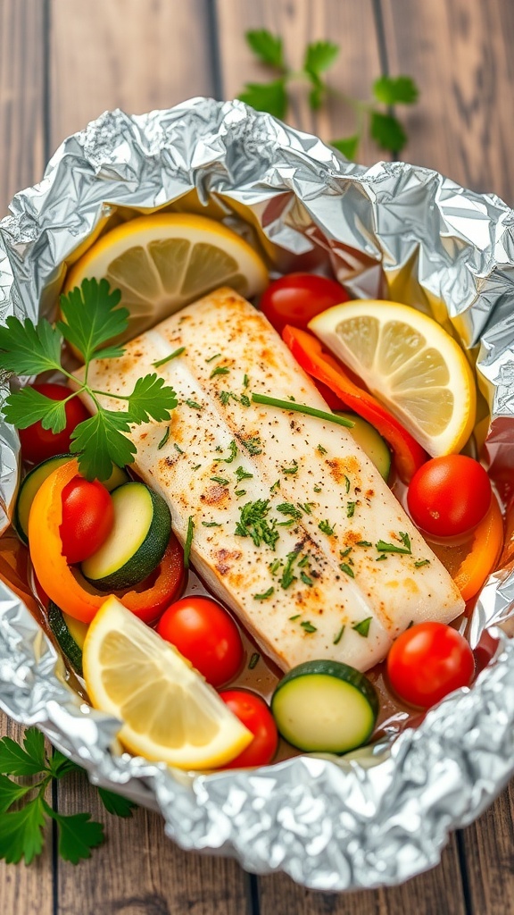 Oven-Baked Tilapia Foil Packets Oven-baked tilapia foil packet with vegetables, garnished with parsley and lemon, on a wooden table.